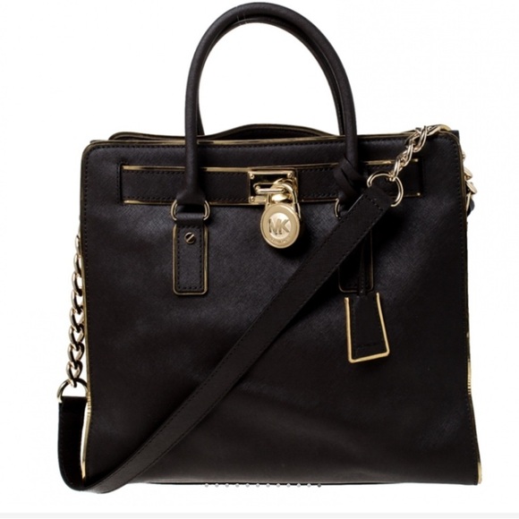 Michael Kors Black Leather Hamilton satchel Handbag with chain strap - Picture 1 of 12